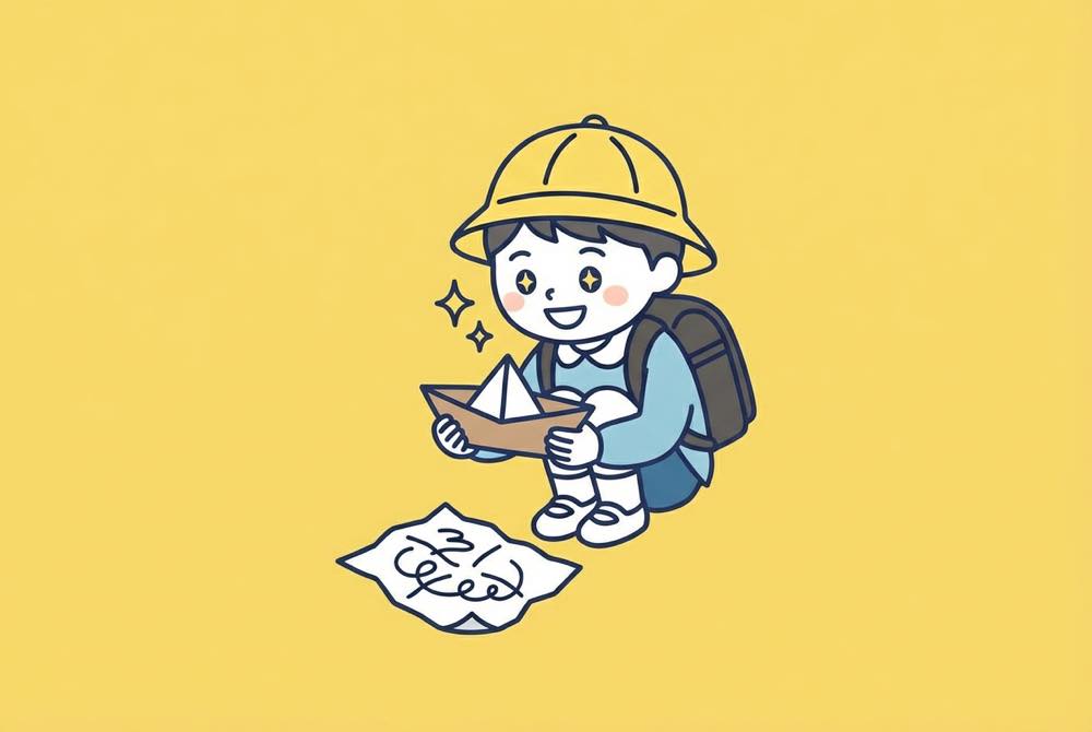 完成した紙の船を誇らしげに持つ子どもの笑顔