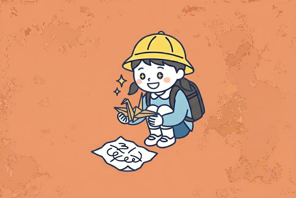 折り鶴を完成させて嬉しそうな女の子